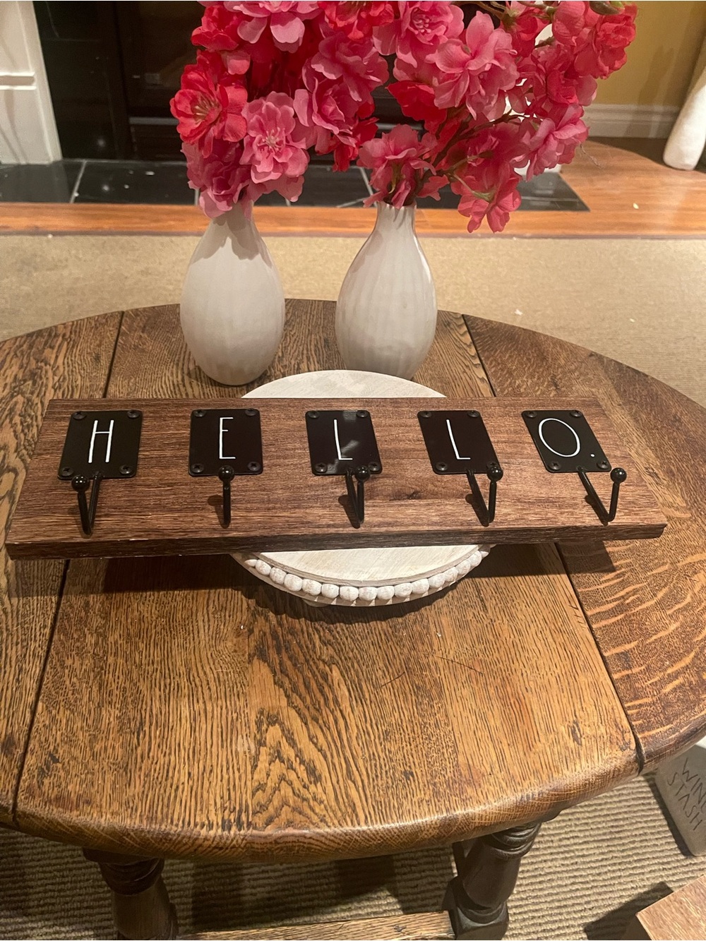 Rae Dunn Rustic Wood WALL HOOK Rack with Black 'HELLO' Letter Plates
